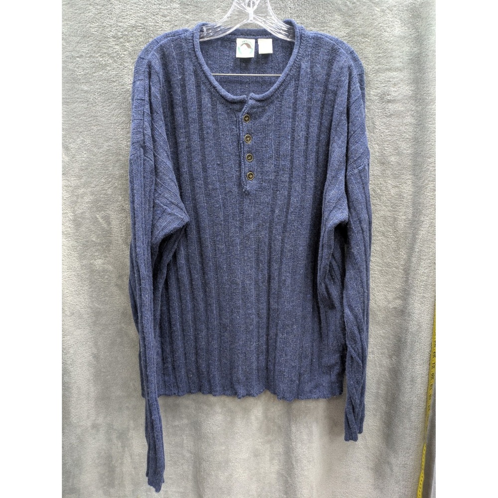 Vintage Sweater‎ Mens L Ribbed Knit Henley Ramie Wool Blend 90s Rustic Cozy